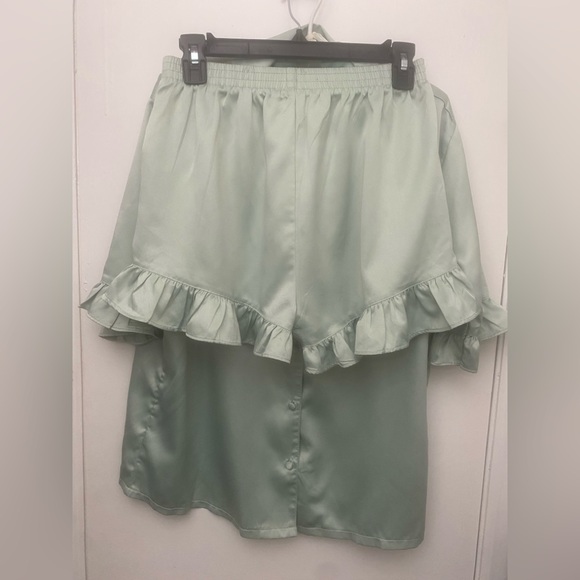 Nasty Gal Satin Ruffle Pajama Set Mint Green Button-Up Top & Shorts - Picture 6 of 11